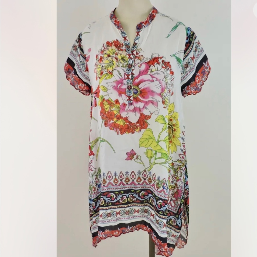 JOHNNY WAS VICTORIANA Sz Large Multicolor Floral Cupra Rayon Boho LG Tunic EXC
